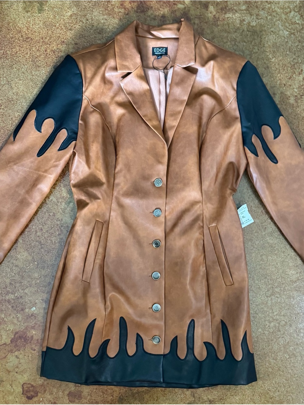 edge Brown Faux Leather Coat with Black Flame Accents